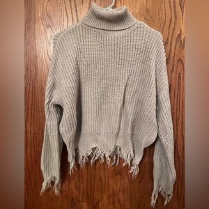 Tan Frayed Hem Women Sweater